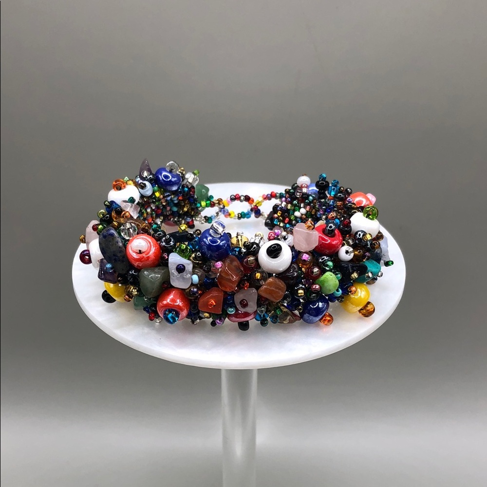 Colorful seed bead ceramic and stone gemstone beads boho festival bracelet.